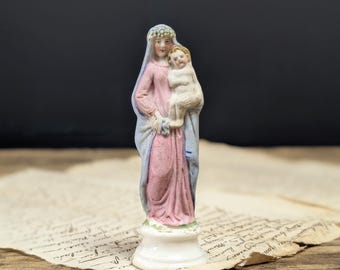 Bisque Madonna and Child Figurine, Antique French Catholic Statue, Hand Painted Virgin Mary Baby Jesus Shrine Decor