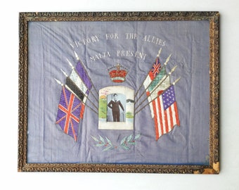 Antique Framed World War 1 Embroidered Panel With Allied Flags And Photograph of Navy Sailor In Japanese Silk Frame