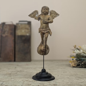 Antique 18th Century Wood Putto Cherub Figure on Orb Wings Italian Baroque Carved Sculpture on Stand