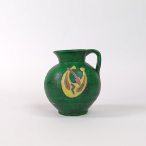 Vintage Green Studio Pottery Vase With Enamel In Silver Low Relief Decoration, Mid Century Ceramic Vase