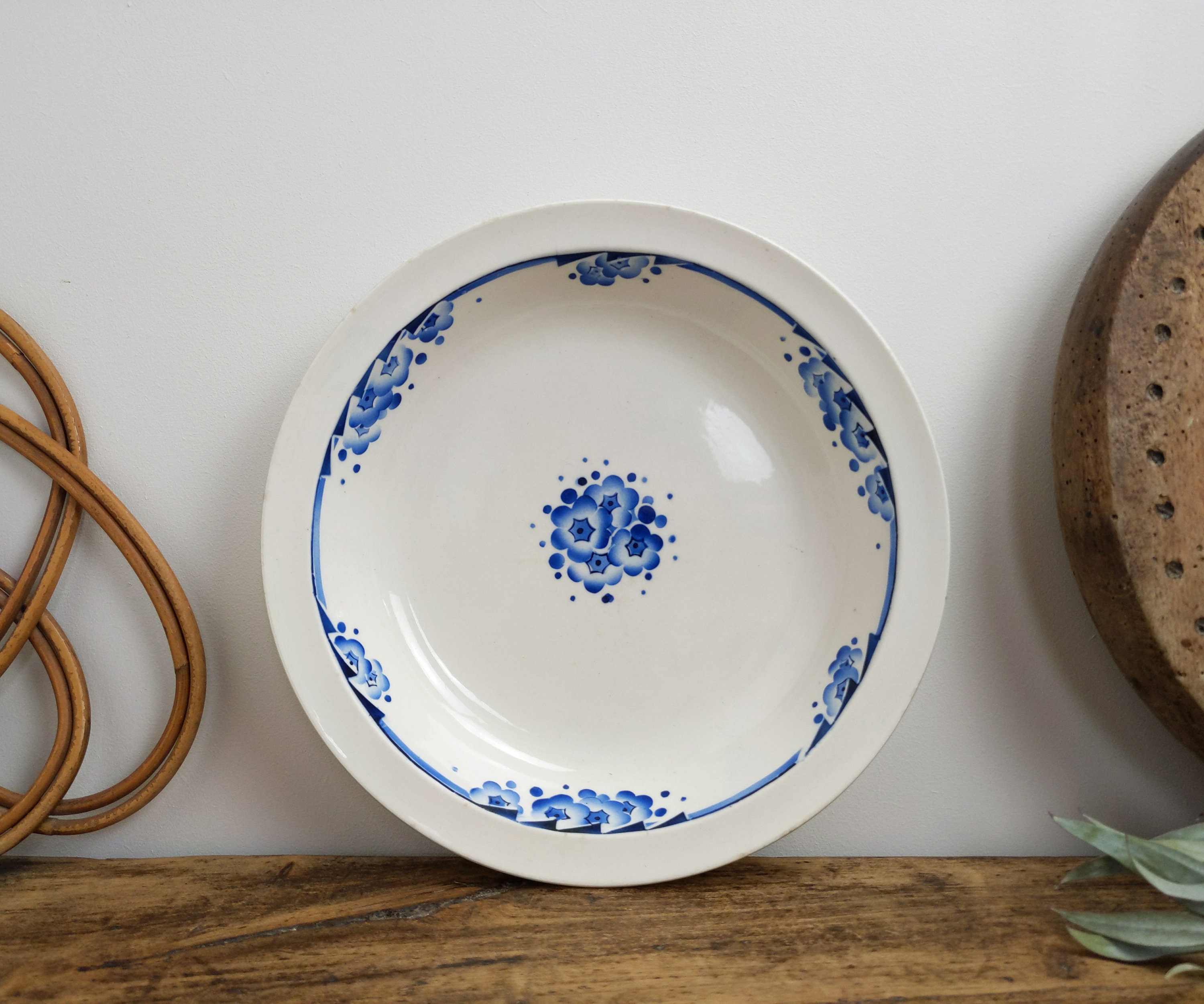 Vintage Boch Freres La Louviere Ironstone Bowl, Bleu et Blanc Transferware Poterie Plat, Table de Ca