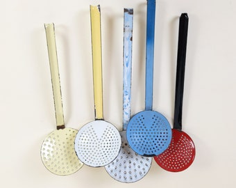 Collection Of 5 French Vintage Antique Enamel Skimmer Strainer Spoons, Rustic Kitchen Decor From France