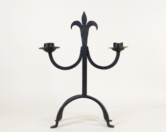 Large French Wrought Iron Hand Forged Iron Candle Holder Chandelier, Large Rustic Fleur De Lys Candlestick From France