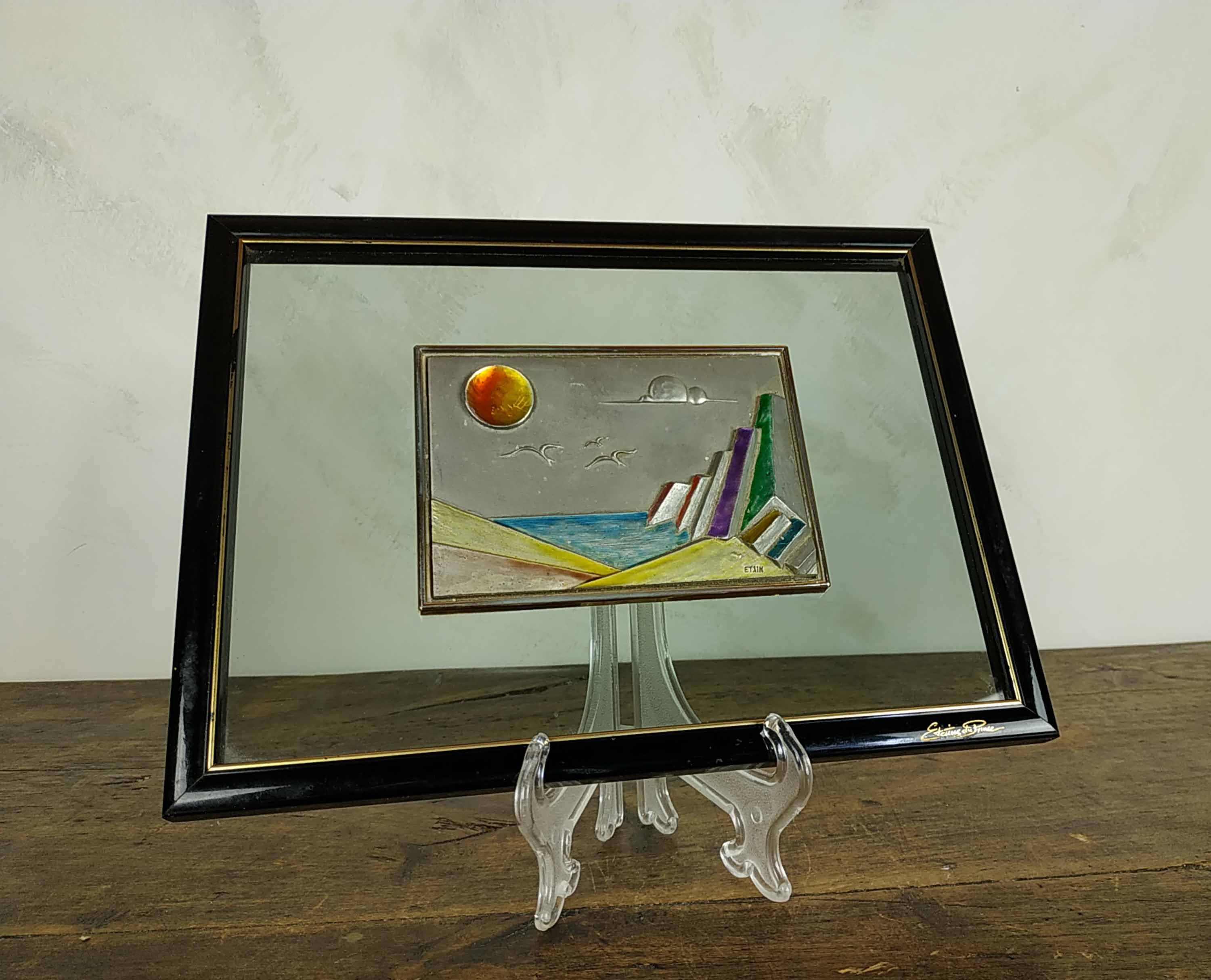 Vintage Framed Pewter On Glass Art, Français Hand Painted Enl Émail Tin Decorative Wall Hanging, Mod