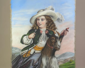 Pastel Portrait Child with Goat, 1886 French Antique Large Pastoral Mountain Landscape Painting