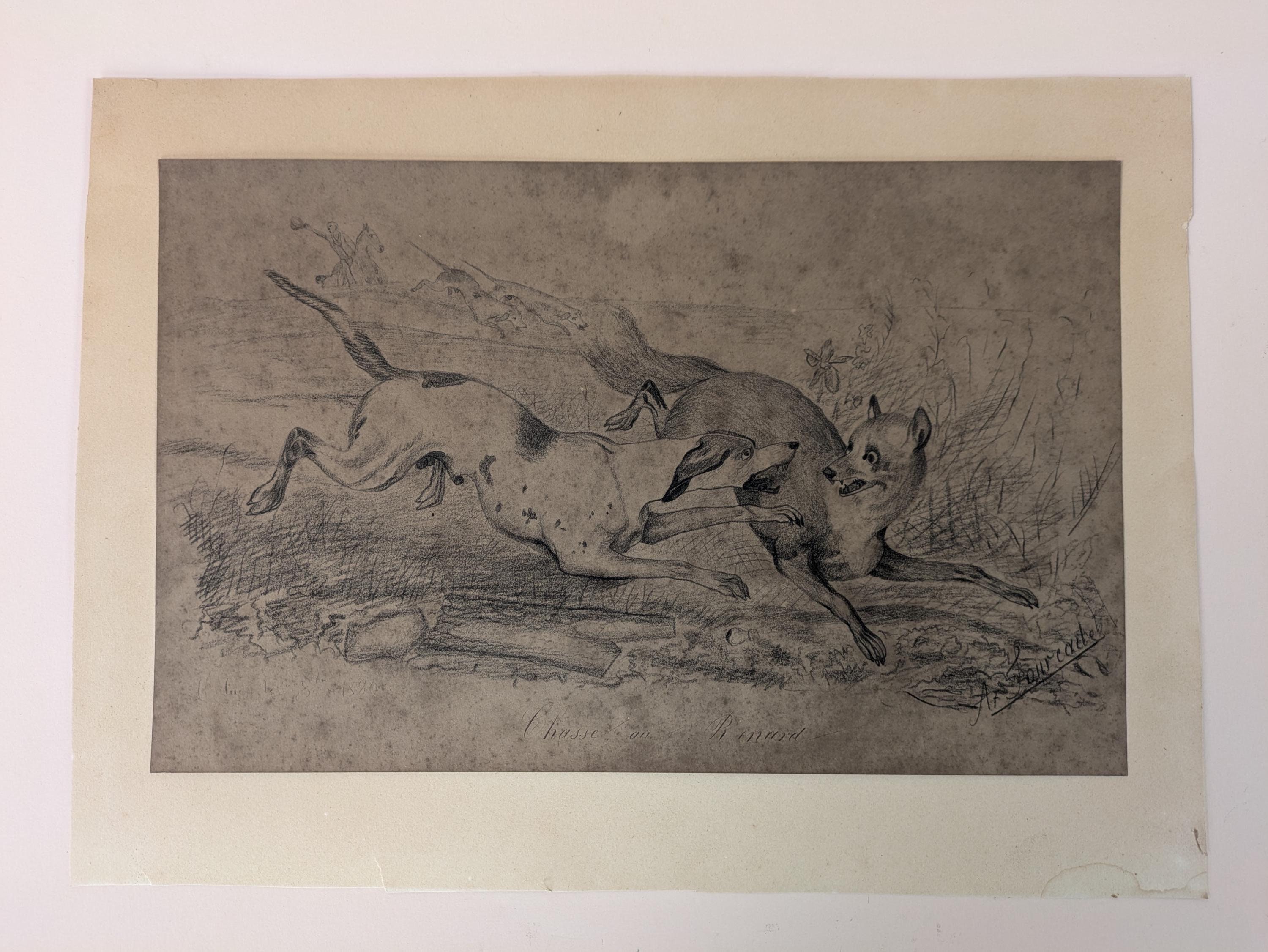 Antique French Pencil Drawing, Fox and Dog Hunting Scene, 1880 - Etsy