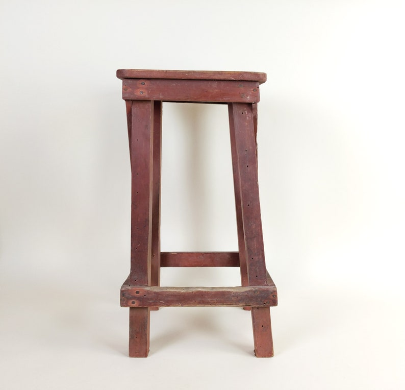 Primitive Antique 1920s Rustic French Four Leg Wood Stool For A Machinists Atelier In Wabi Sabi Style image 8