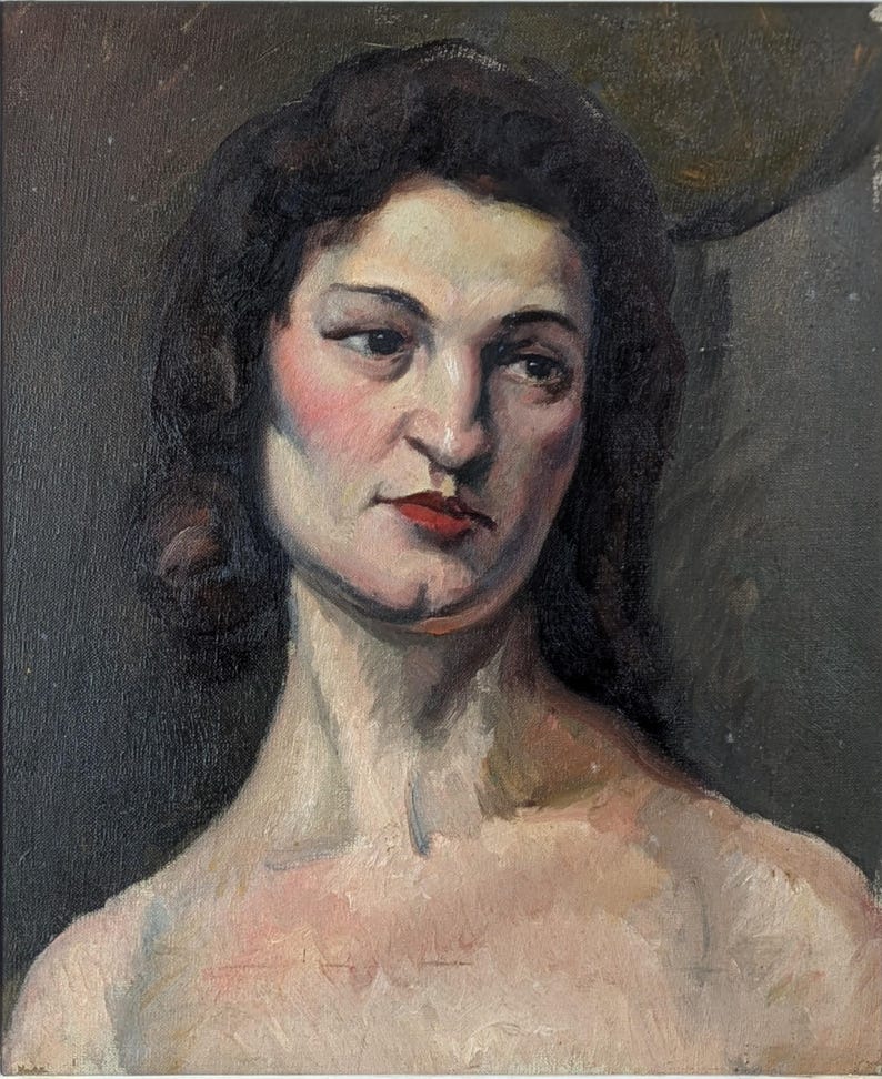 Vintage French Portrait Oil Painting, Oil on Canvas of Lady Circa 1940