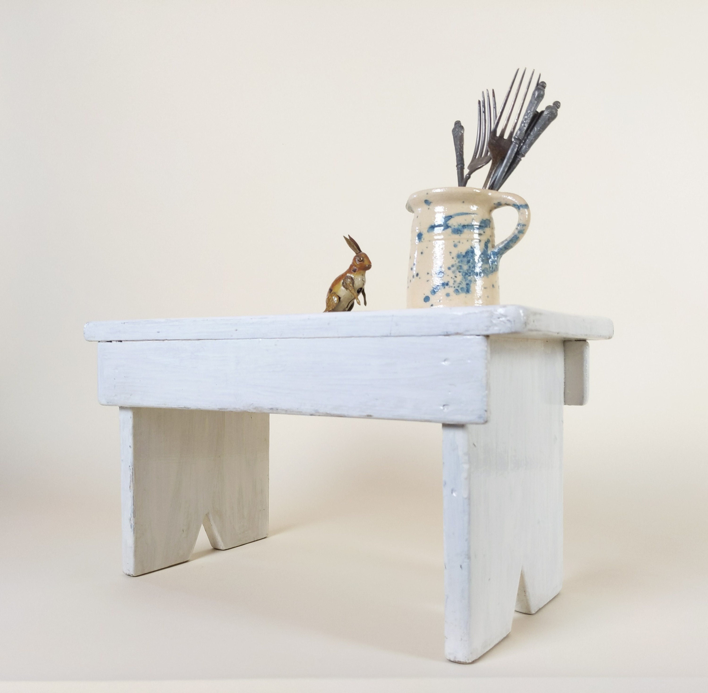 French Vintage Wooden Step Stool White Painted Display Stand or Plant ...