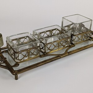 Antique German Renaissance Revival Brass And Clear Cut Glass Home Office Desk Stand With Rams Head Openwork Body And Decorative Handles