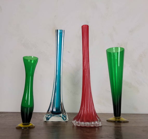 4 Vintage Decorative Glass Bud Vases Tall Red Vase Retro Etsy