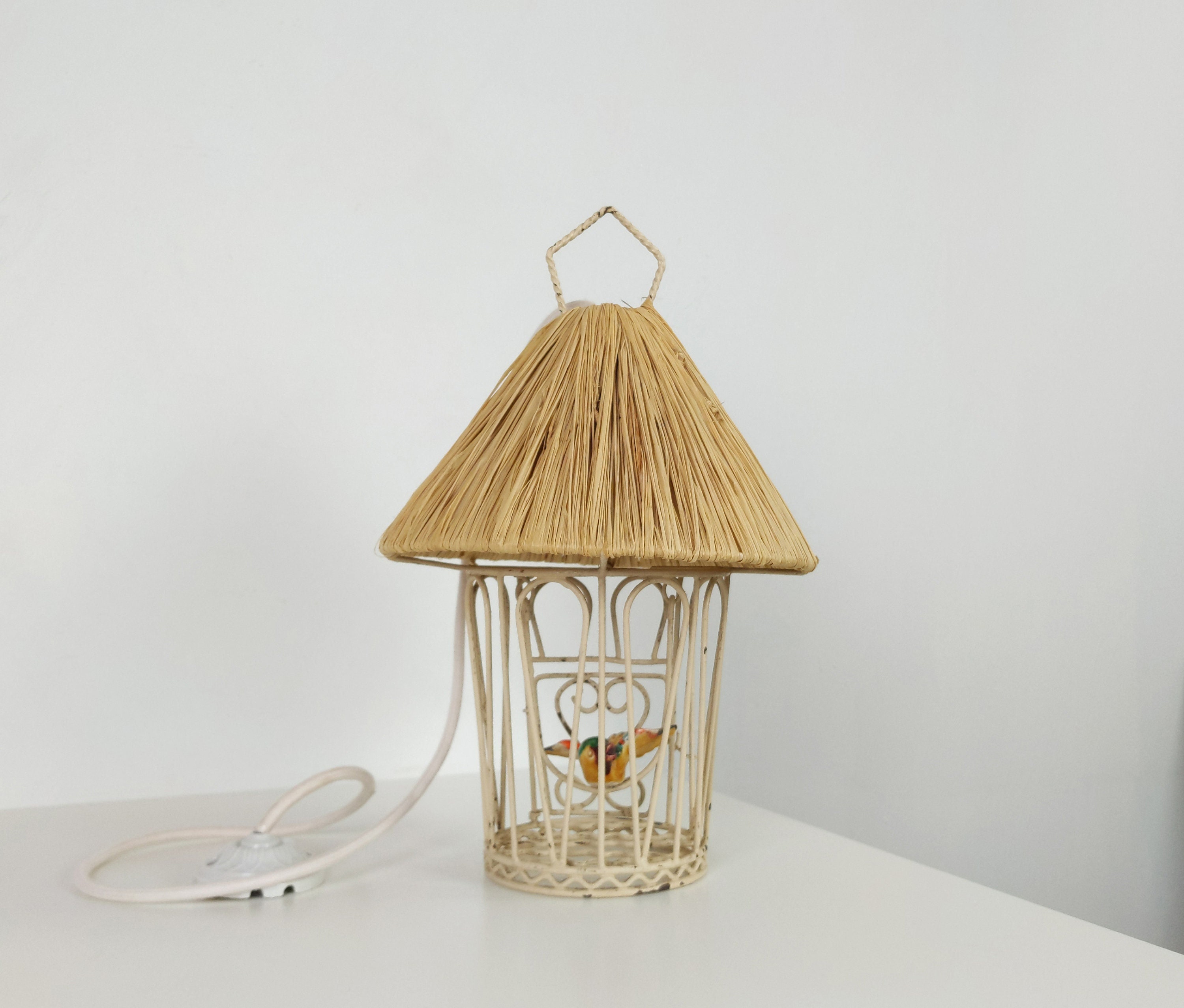 Vintage Français Années 1950 Métal et Raffia Birdcage Pendentif Plafonnier ou Lampe de Table avec Va