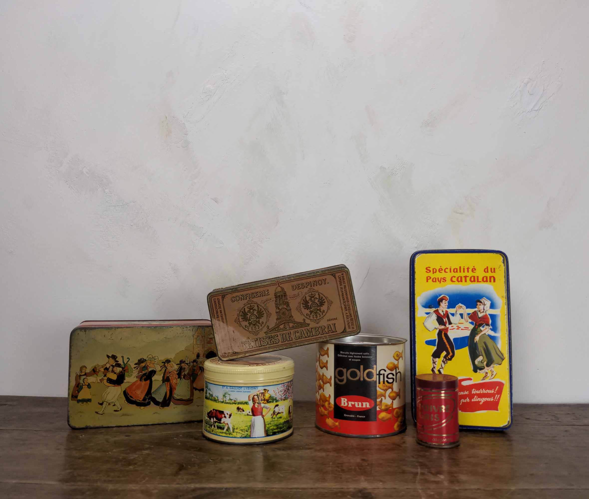 6 Boîtes de Conserve Français Vintage et Antiques, Collection Instantanée d'boîtes Collection, Décor