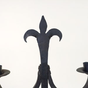 Large French Wrought Iron Hand Forged Iron Candle Holder Chandelier, Large Rustic Fleur De Lys Candlestick From France image 2