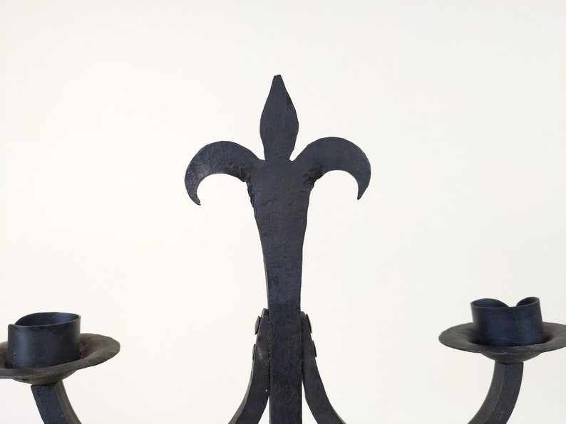 Large French Wrought Iron Hand Forged Iron Candle Holder Chandelier, Large Rustic Fleur De Lys Candlestick From France image 2