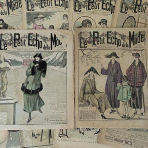 10 revistas de moda feminina francesas antigas da década de 1920, Le Petit Echo De La Semaine Paris, design de cenário de adereços, fotografia, itens antigos, documentos franceses
