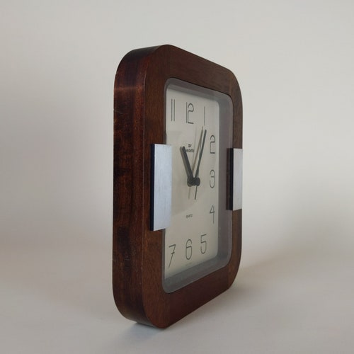 French Vintage Art Deco Revival Teak Wood And Glass Wall Clock By Vedette shops 1980s