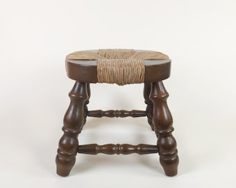 Vintage Mid Century 1960s French Brutalist Oak Wood And Straw Stool
