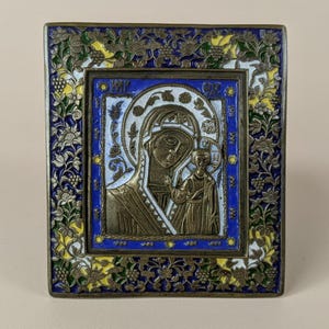 Antique Enamel Icon of Virgin Mary and Child Floral Frame Religious Christian Orthodox Church Collectable