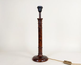 Tall French Burl Wood One Piece Hand Turned Table Lamp With Gold Twisted Fabric Cable, Vintage Reading Light