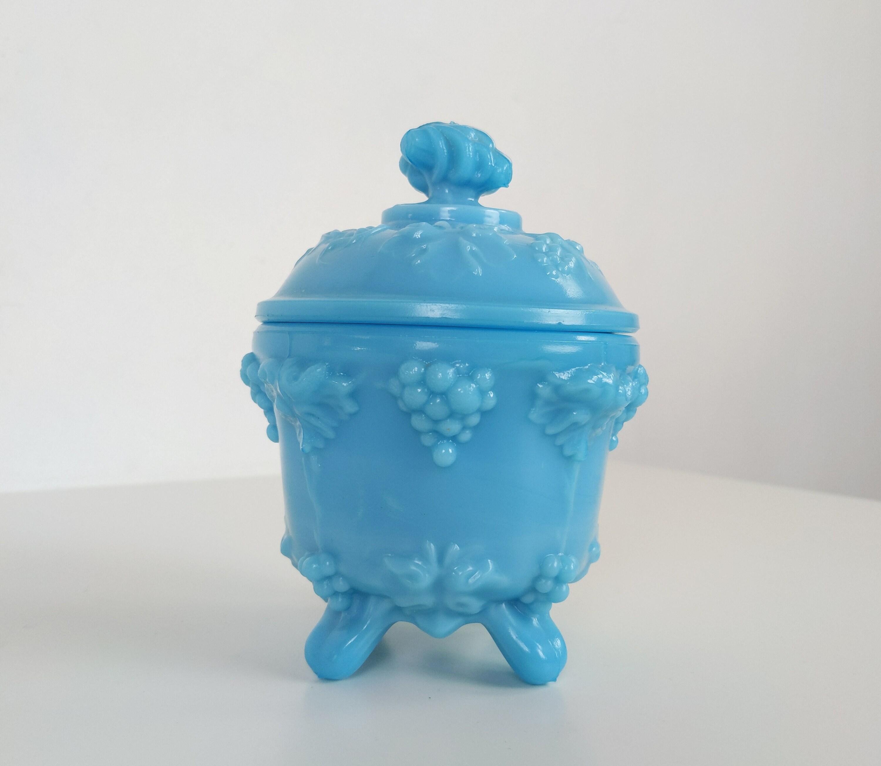 Antique Français Portieux Vallerysthal Bleu Opaline Sugar Bowl ou Bijoux Bibelot Pot à Vaisselle ave