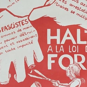 May include: A red and white poster with the text "LES FASCISTES hommes de main du pouvoir d&eacute;trui-sent et assassinent en toute impunit&eacute;" and "HALT A LA LOI DE FORC". The poster features a pair of hands holding a pair of scissors.