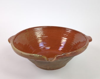 Antiguo Redware francés provenzal marrón glaseado Tian Bowl, decoración de cocina de casa de campo primitiva, pieza central de mesa rústica original