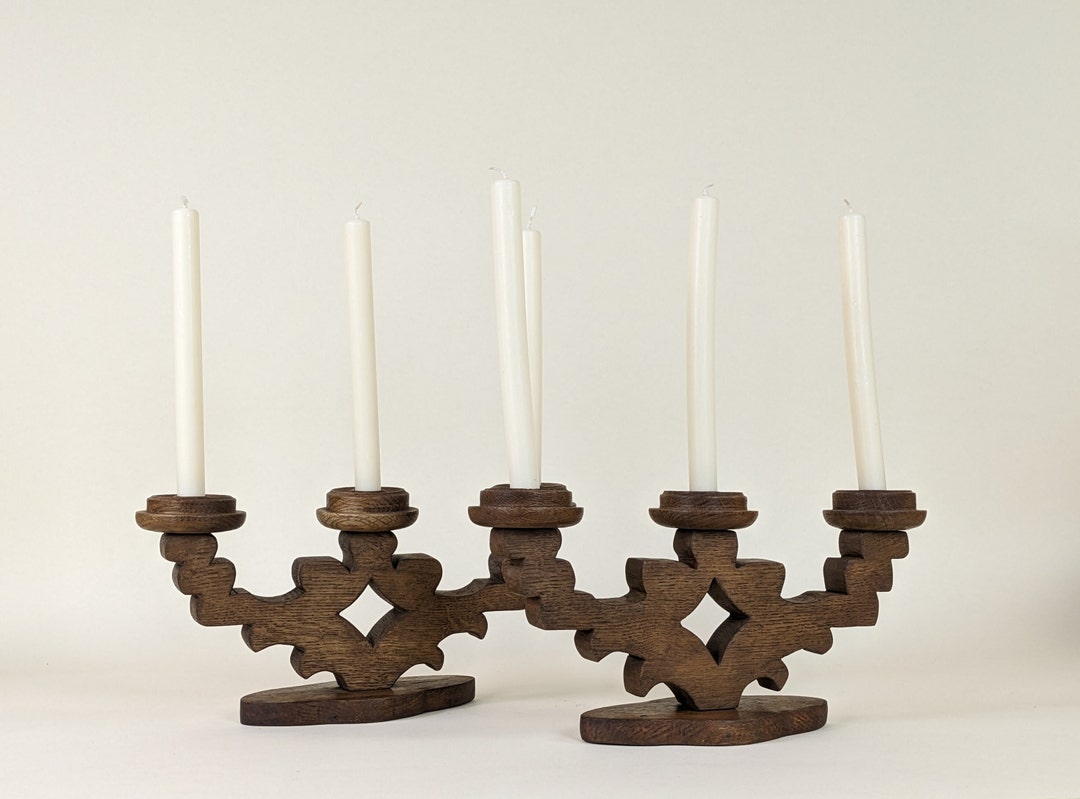 Pair of Vintage Chunky Wooden Candlestick Candle Holders, French