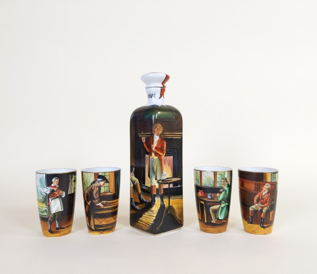 Vintage Spanish Porcelain Cognac Conac Bottle and 5 Tumblers With Hand