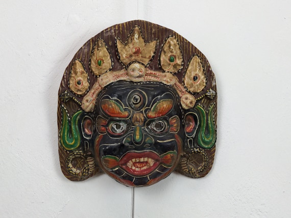 Hand Painted Nepalese Bhairav Paper Mache Wall Hanging Mask 