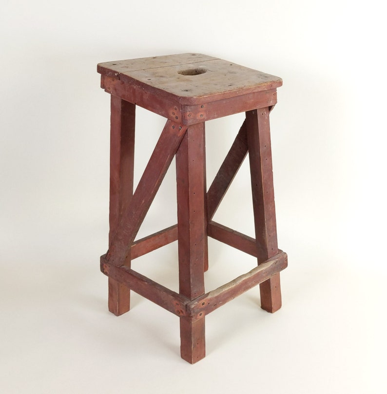 Primitive Antique 1920s Rustic French Four Leg Wood Stool For A Machinists Atelier In Wabi Sabi Style image 7