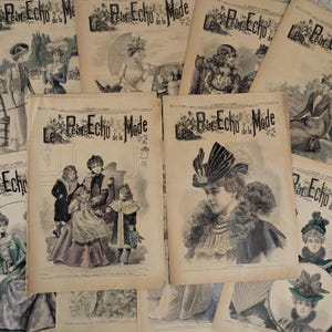 10 Revistas de moda feminina francesas antigas de 1800, Le Petit Echo De La Semaine Paris, design de cenário e adereços, fotografia, documentos antigos e efêmeros franceses