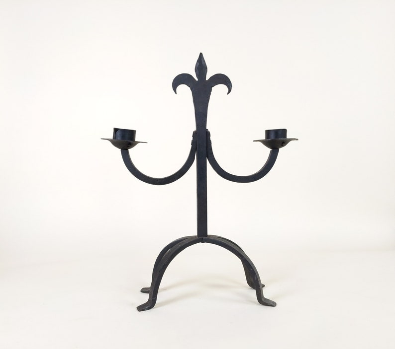 Large French Wrought Iron Hand Forged Iron Candle Holder Chandelier, Large Rustic Fleur De Lys Candlestick From France image 4
