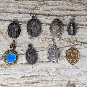 Vintage French Religious Medal Collection: 8 Silver Toned and Enamel Catholic Charms