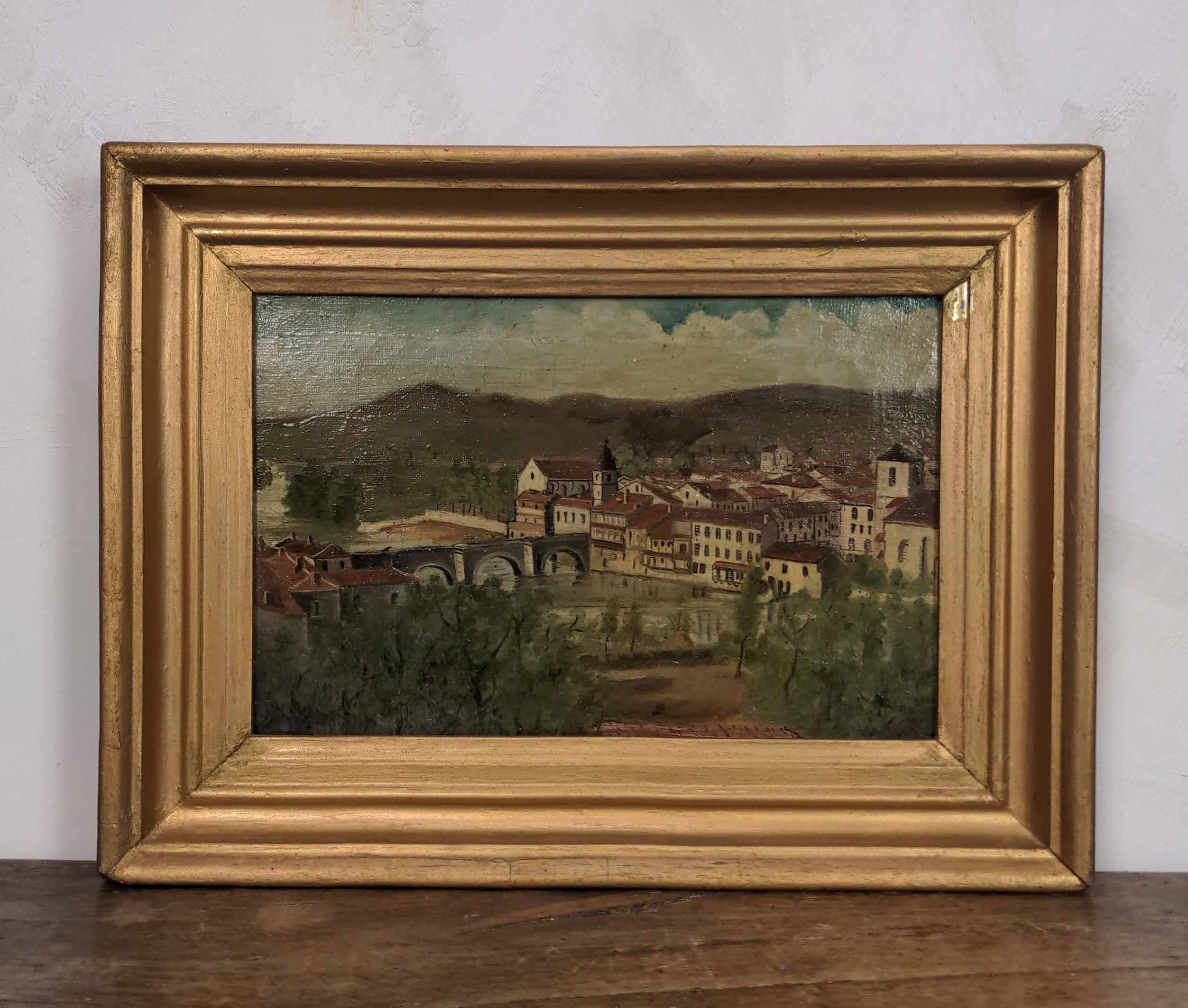 Antique Encadré Français Peinture à L'huile Du Village Signé Par A. Ferret, Décor de Mur d'accent Ga