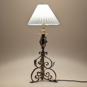 Vintage 1960s Table Lamp, Rewired Mid Century Light, Black Fabric Cable, White Pleated Shade, French Accent Lamp