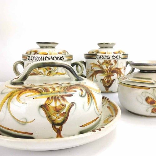 Vintage French Cheese Set, Keraluc Quimper Pottery, Brittany Art Pottery, French Butter Dish Lid, French Ceramic Container, French shops Tableware