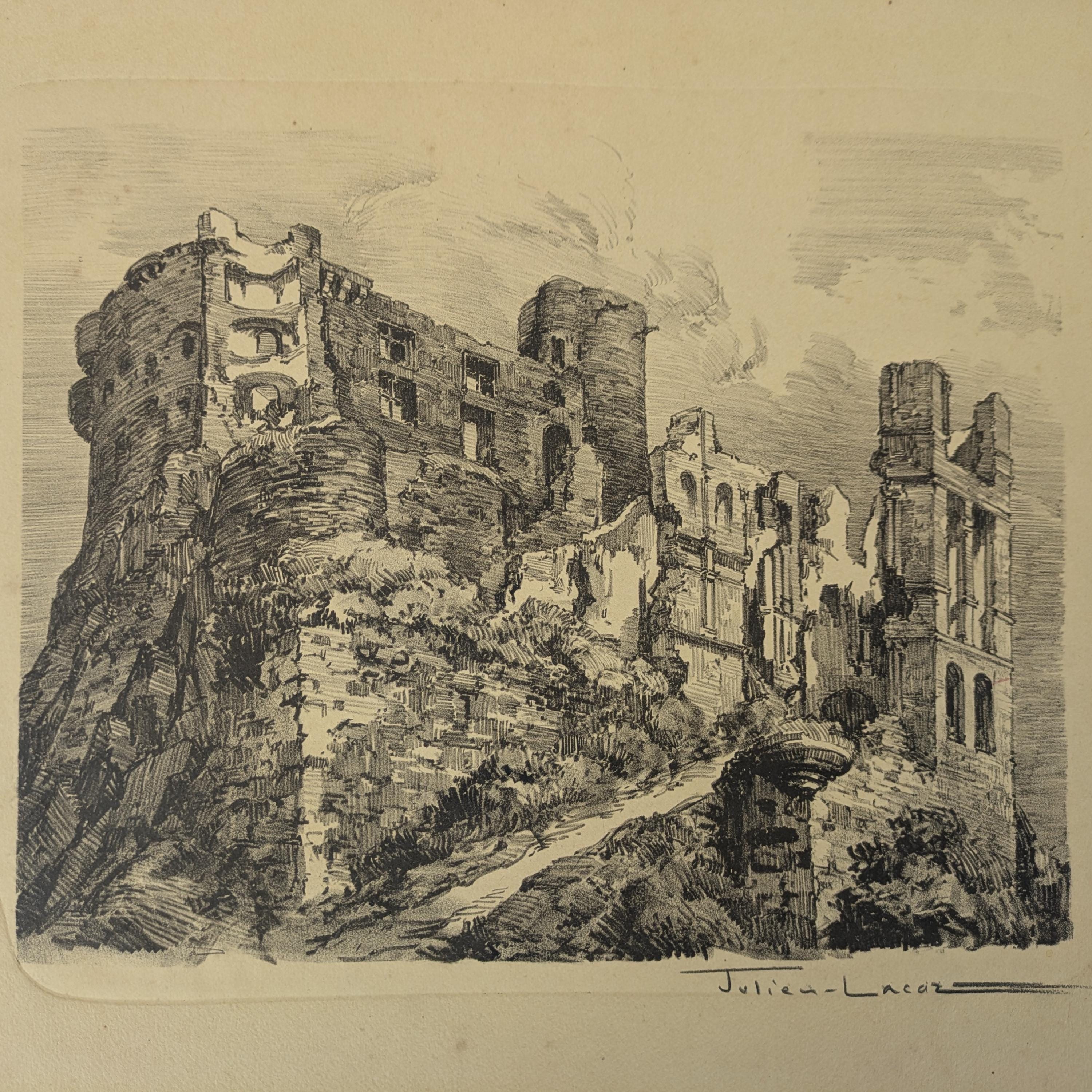 Antique Julien Lacaze Engraving of Exterior of Castle Ruins France