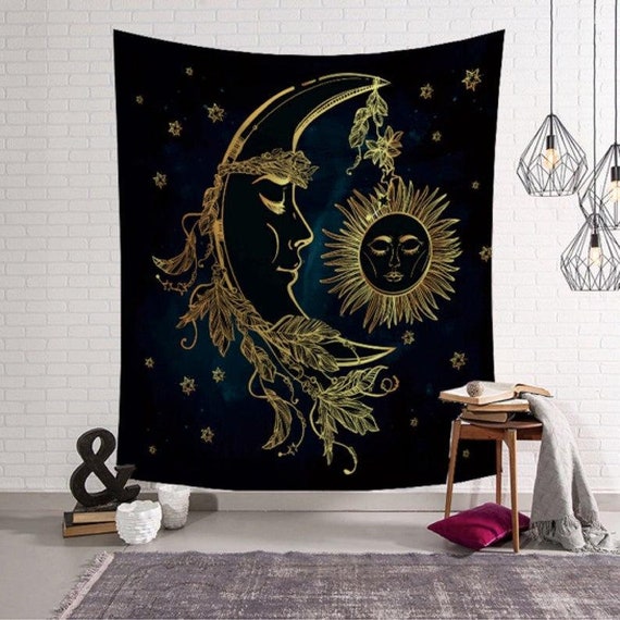 Tapestry Moon Sun and Stars Blue Woven Blanket Wall Tapestry Etsy