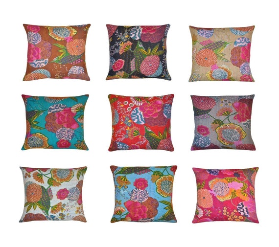 Indian kantha Throw Cushion Cover Home Kantha Cushion cover Indian pillow