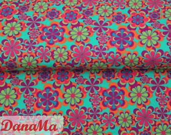 Remnant 45 cm Jersey Retro Blossoms Flowers, Fabrics for Children Women, Cotton Jersey