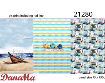 Jersey panel nautical maritime 80 x 150 cm, Stenzo fabrics for children, women, men - seagulls, lighthouse, boats