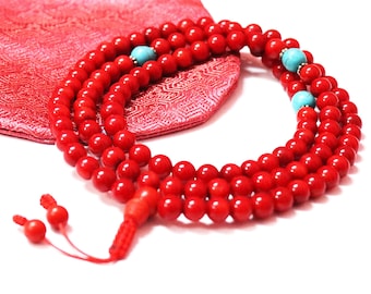 Tibetan Red Coral Mala; Available in Turquoise, Conch Shell, Carnelian, Lapis, Jade & Dzi Spacer Bead; 108 Beads; 8MM; 7MM; Free Mala Bag