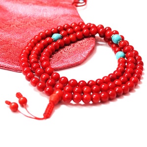 Tibetan Red Coral Mala; Available in Turquoise, Conch Shell, Carnelian, Lapis, Jade & Dzi Spacer Bead; 108 Beads; 8MM; 7MM; Free Mala Bag