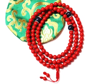 Mala de coral rojo, cuentas budistas de mala, cuentas espaciadoras de jade verde y caracola, 108 cuentas, 8 mm, 7 mm, bolsa de mala GRATIS por valor de 4 USD, Mala espiritual