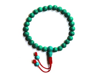 7.5 MM Reconstituted Green Turquoise Wrist Mala, 27 Beads, 21 Beads,Adjustable Knot, Meditation Beads Turquoise, Buddhist Meditation Mala