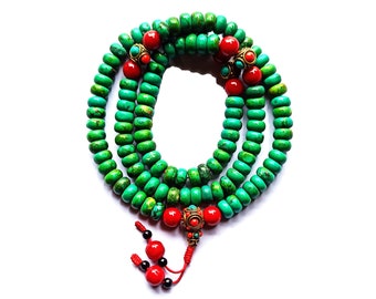 Beste Qualität, Türkis Mala, Tibetische Türkis Mala, buddhistische Türkis Mala, flache Türkis Mala, 10MM, Handarbeit in Nepal