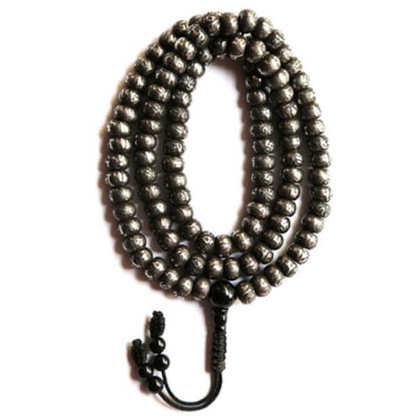 8MM Mantra Carved Flat Iron Mala with Black Onyx Guru Bead, 108 Beads