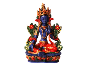 Hand Painted "Green Tara" Buddhist Deity Statue, "Jetsun Dolma" Tibetan Deity Statue, Female Buddha Deity, Blue Resin Statue,Made In Nepal