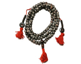 Mala de hueso de yak tallado con ojo de 8 mm, 108 cuentas, contador de mala, mala budista, mala tibetano, mala budista hecho a mano con calavera tallada, cuenta de oración budista